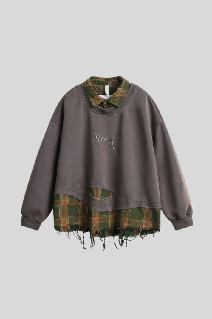 Distressed Plaid Layered Polo Collar Oversized Sweatshirt