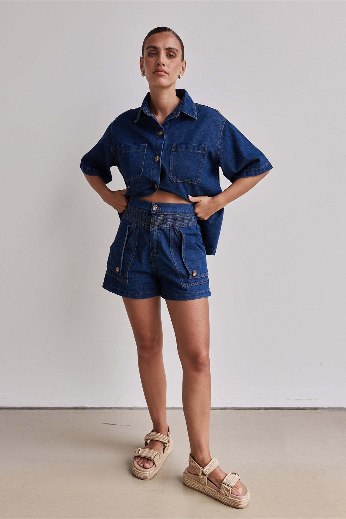 Vintage Loose Shirt Denim Shorts Set