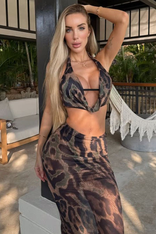 Sheer Chiffon Leopard Print Bikini Maxi Skirt Set Secondary image