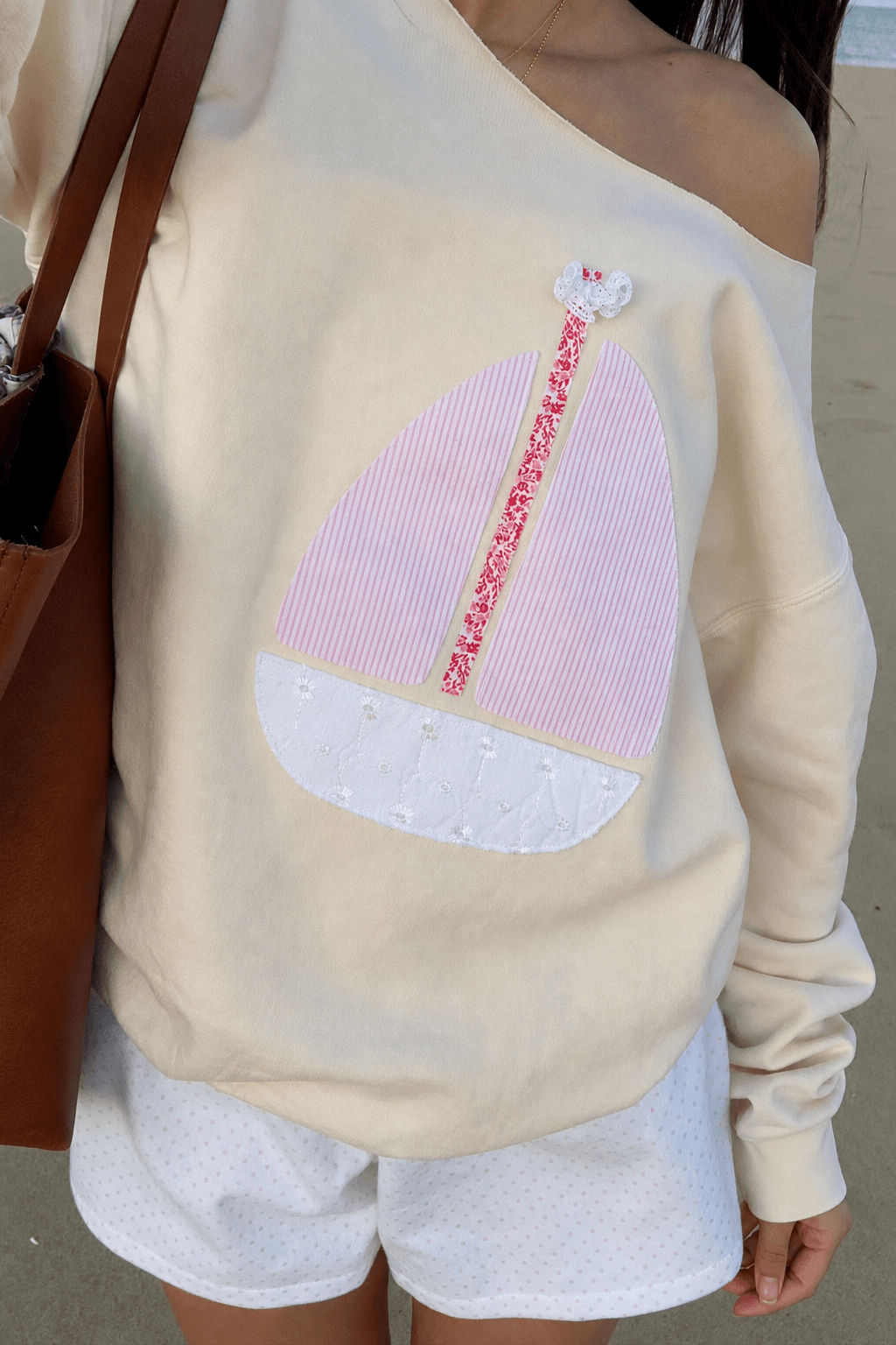 Sailboat Patchwork Off Shoulder Sweatshirt