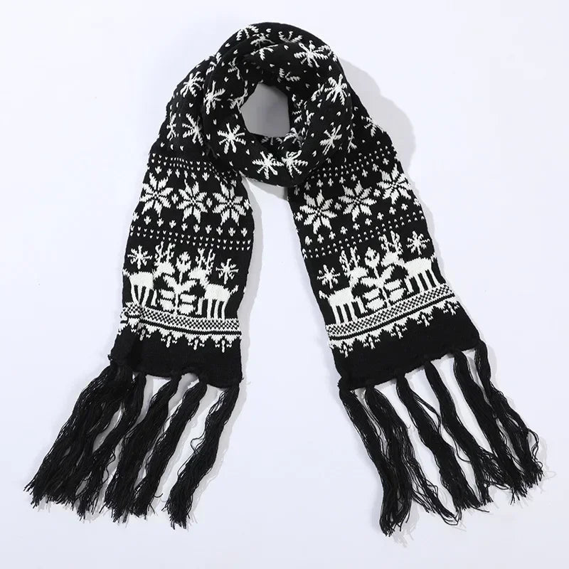 Red Cartoon Reindeer Snowflake Warm Scarf For Christmas Black 1 / 190Cm Scarfs-L