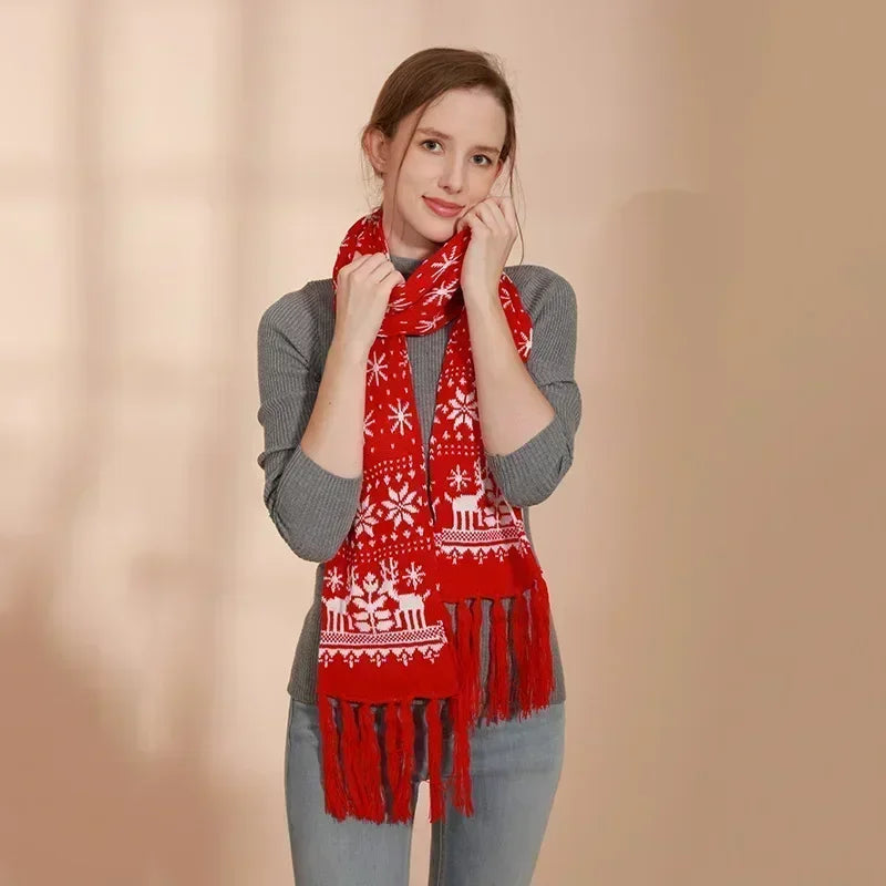 Red Cartoon Reindeer Snowflake Warm Scarf For Christmas Scarfs-L