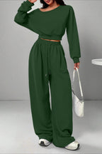 Casual Ribbed Off Shoulder Crop Sweatshirt Pants Set