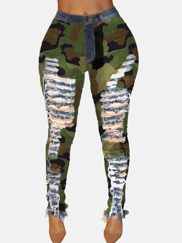 Ripped Camouflage Printed Jeans Jeans