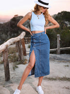 Button A line Side Split Office Lady Midi Skirt