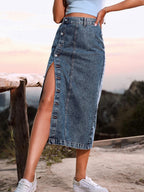 Button A line Side Split Office Lady Midi Skirt Dark blue / Xs