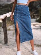 Button A line Side Split Office Lady Midi Skirt