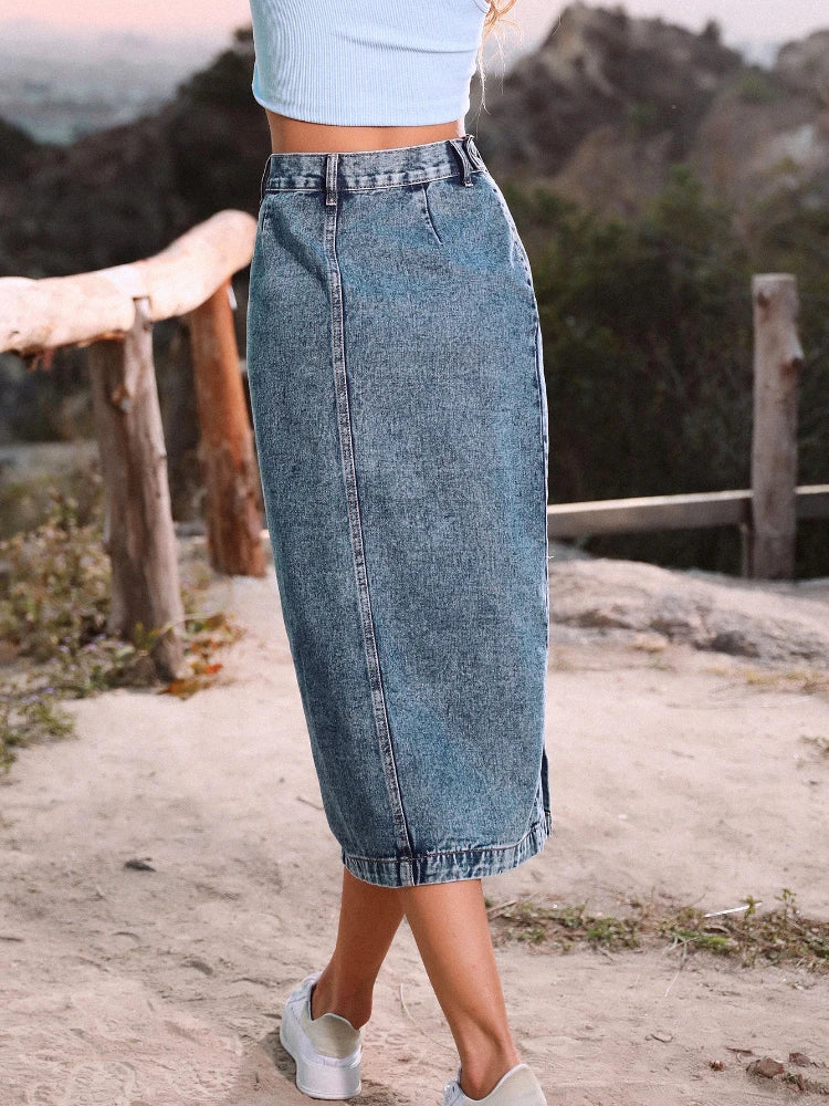 Button A line Side Split Office Lady Midi Skirt