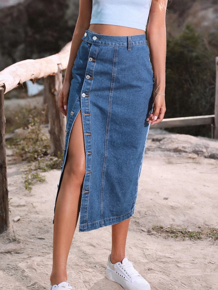 Button A line Side Split Office Lady Midi Skirt Washed blue / Xs