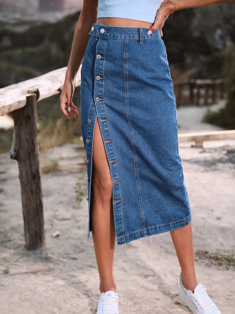 Button A line Side Split Office Lady Midi Skirt