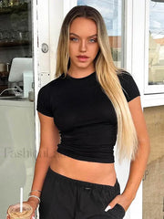 2023 Simple Casual Soft All Match Crop Top Black / S