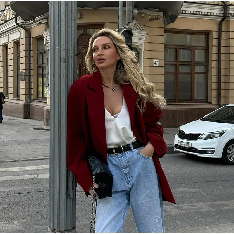 Red Suit Lapel Full Sleeve Coat Coats-241208