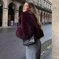 Wine Red Cropped Faux Fur Coat Coats-241208