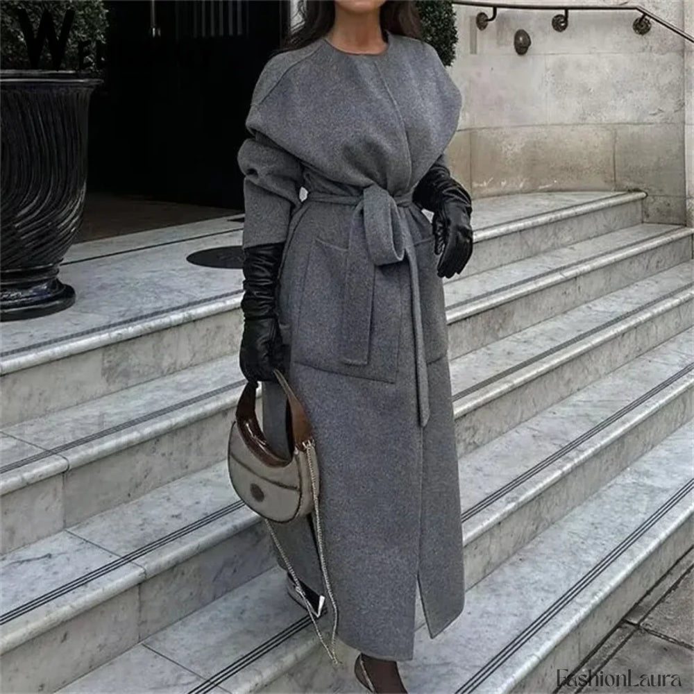 2024 Autumn Winter Women Elegant Lace up Wool Blends Long Coats