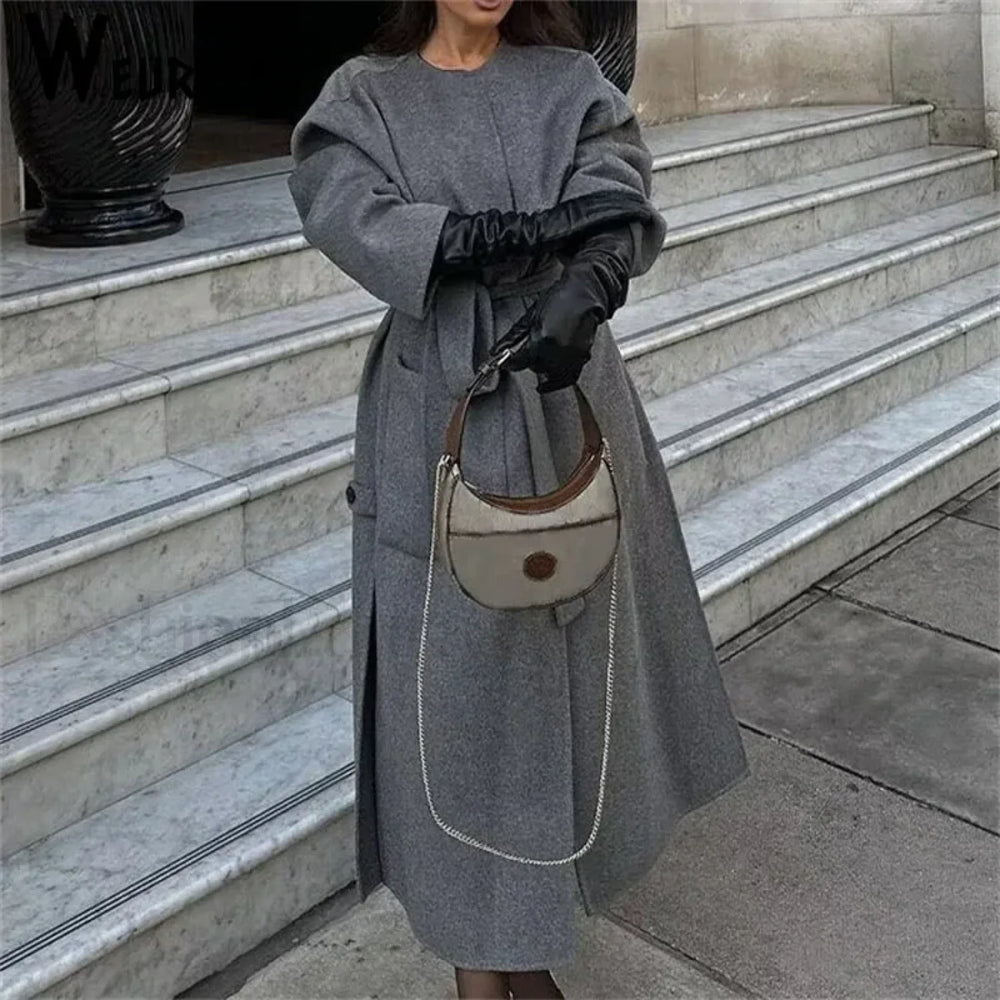 2024 Autumn Winter Women Elegant Lace up Wool Blends Long Coats