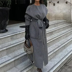 2024 Autumn Winter Women Elegant Lace up Wool Blends Long Coats