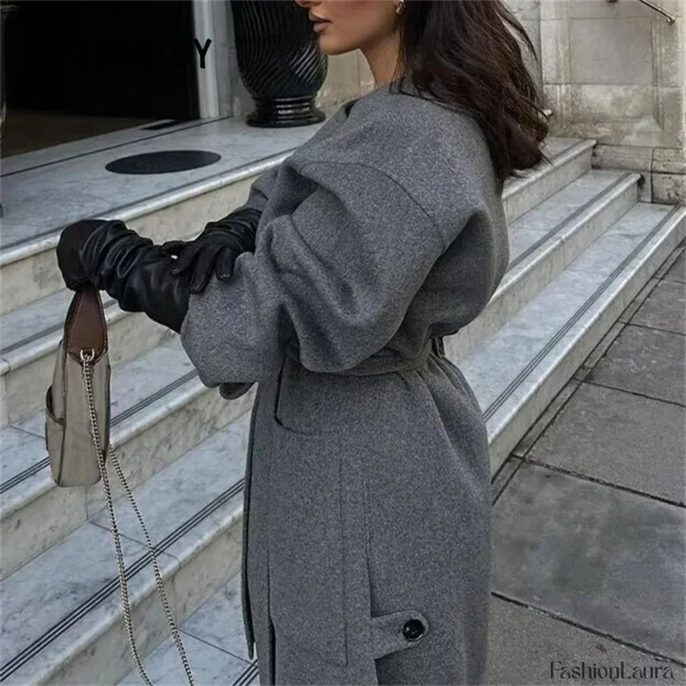 2024 Autumn Winter Women Elegant Lace up Wool Blends Long Coats