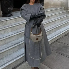 2024 Autumn Winter Women Elegant Lace up Wool Blends Long Coats Gray / S
