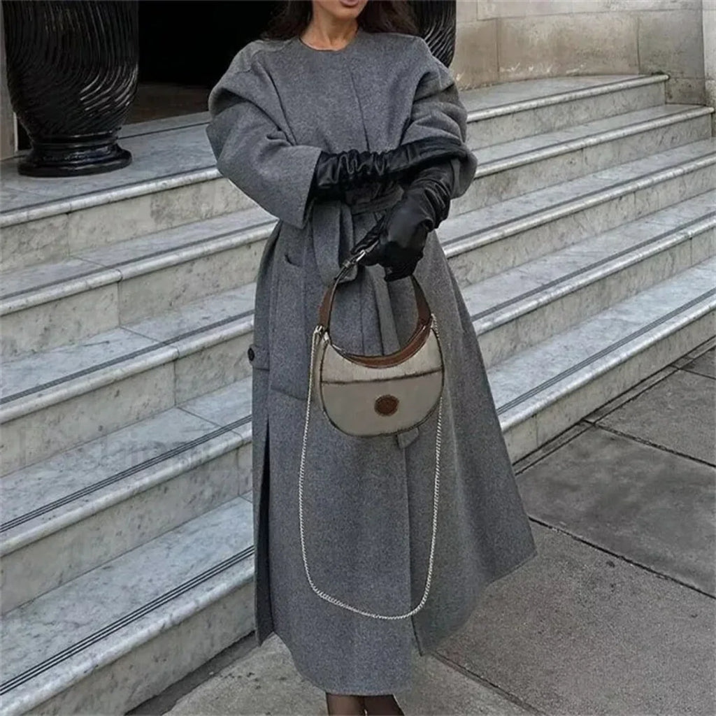 2024 Autumn Winter Women Elegant Lace up Wool Blends Long Coats Gray / S