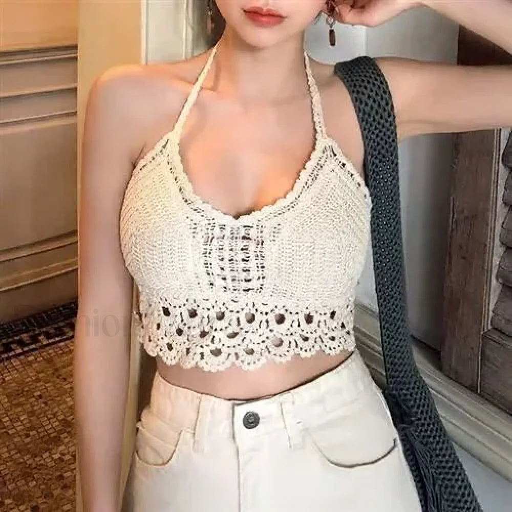 2024 Retro Tassel Spaghetti Strap Crop Top WHITE2 / One Size(40 65kg)