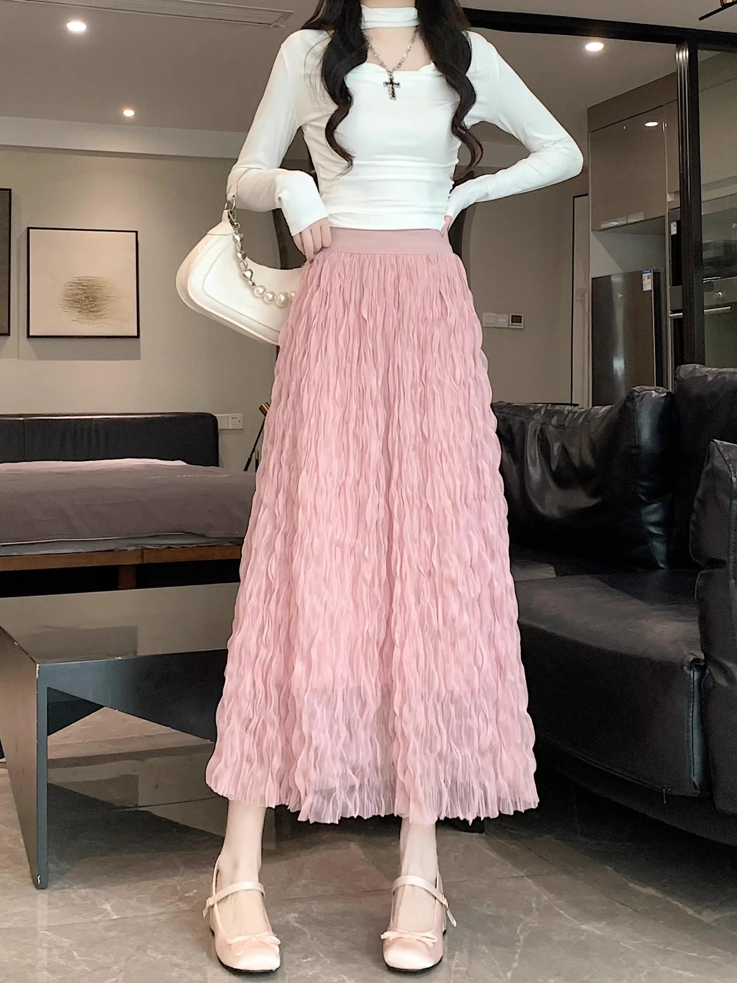 Wave Pleated High Waist Solid Fashion Skirt