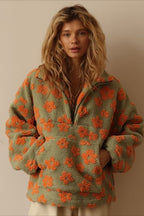Floral Sherpa Quarter Zip Pullover Sweatshirt
