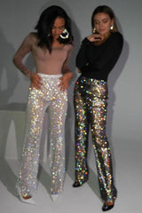Rhinestone Mesh Trim Wide Leg Pants