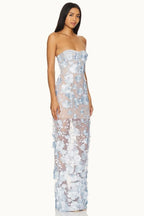 Elegant Strapless 3D Floral Embroidery Floral Dress