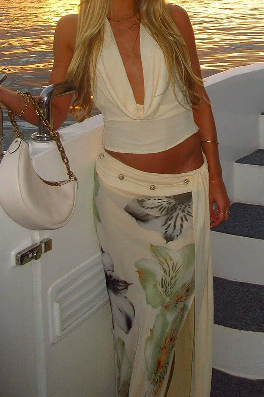 Elegant Halter Wrap Back Mesh Floral Slit Maxi Skirt Set Secondary image