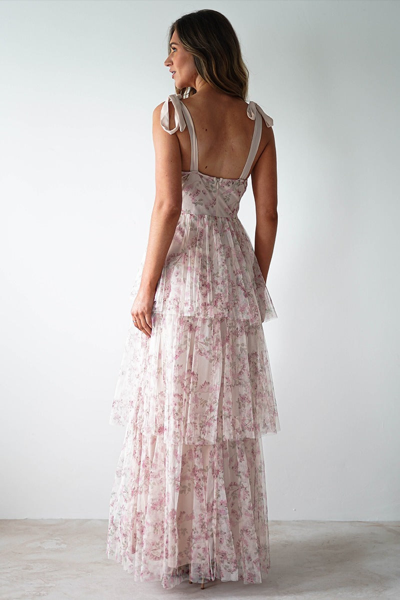 Pink Backless Strap Tiered Floral Dress Secondary image