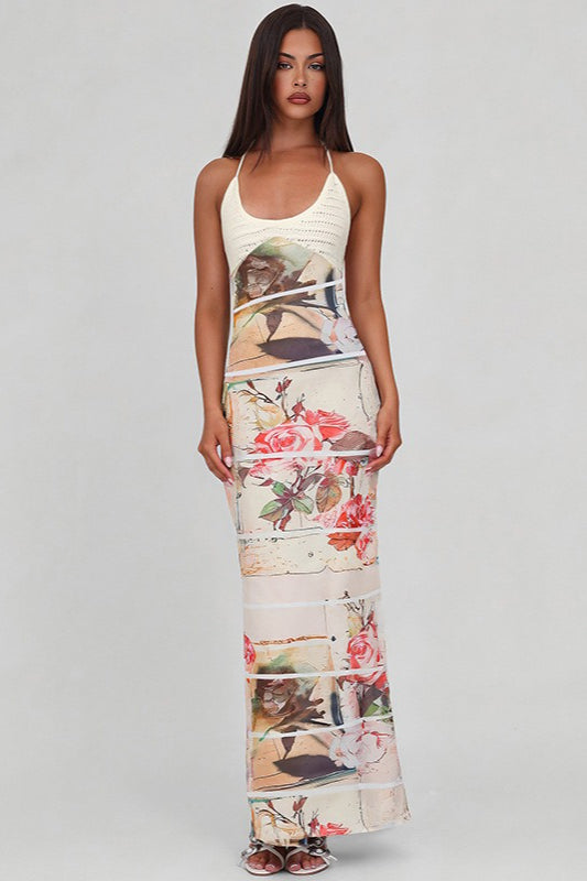 Printed Halter Patchwork Knit Slim Long Floral Dress Main image