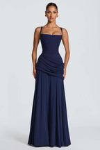 Square Neck Ruched Milk Silk Formal Dress
