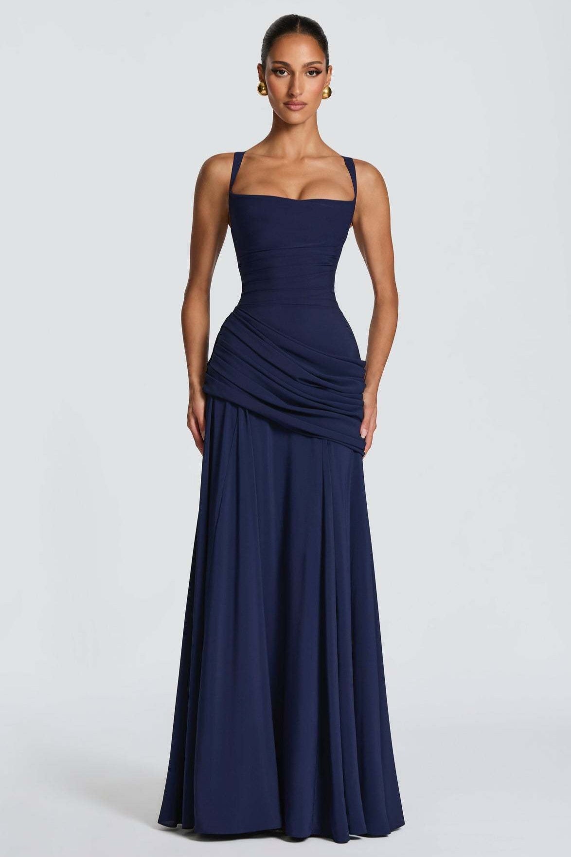 Square Neck Ruched Milk Silk Formal Dress