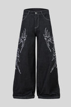 White Thorn Embroidered Wide Leg Jeans