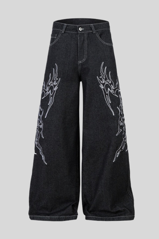 White Thorn Embroidered Wide Leg Jeans