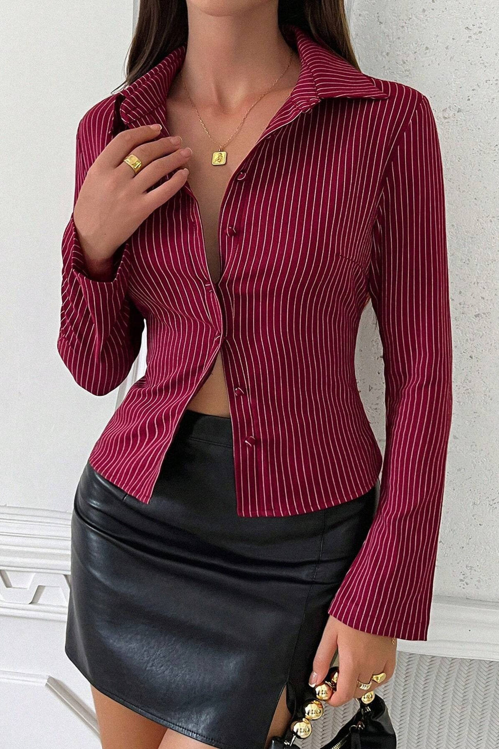 V Neck Striped Long Sleeve Blouse