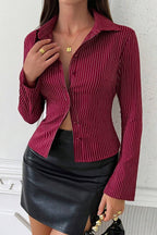 V Neck Striped Long Sleeve Blouse
