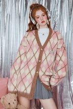 Relaxed Diamond Pattern Cardigan S / Pink