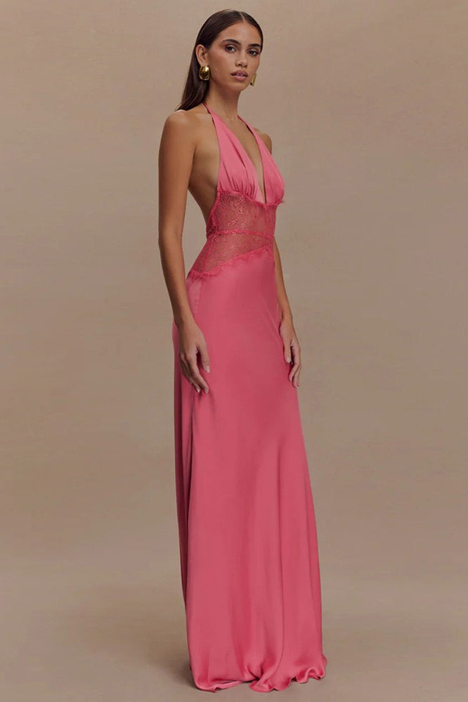 Lace Inset Halter Satin Formal Dress