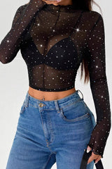 Long Sleeve Mesh Sequin Mandarin T-shirt