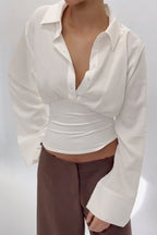 Gathered Waist Bell Sleeve Button Blouse