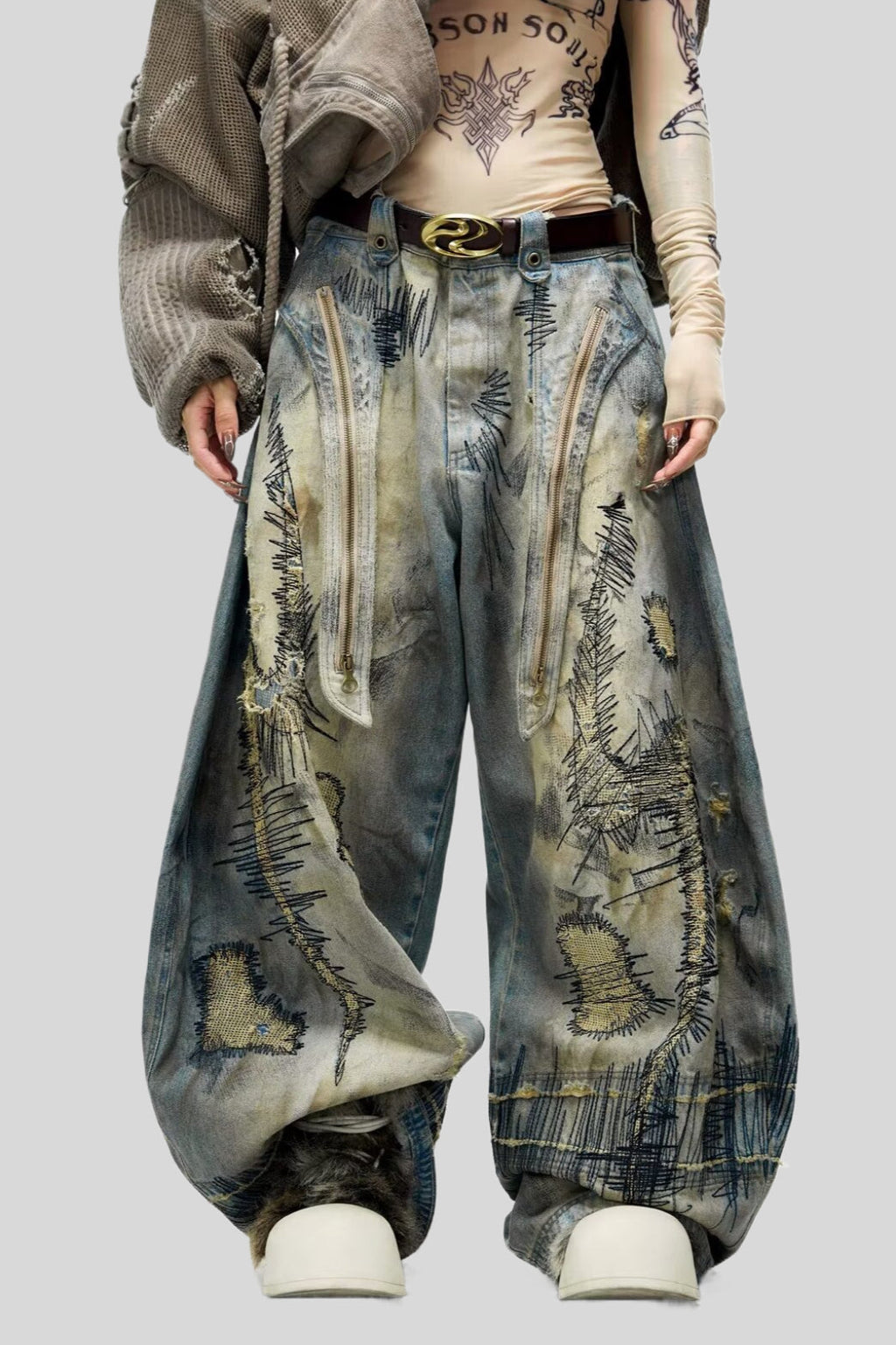 Distressed Stitch Embroidered Baggy Barrel Jeans