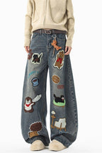 Cartoon Patch Embroidered Wide Leg Jeans