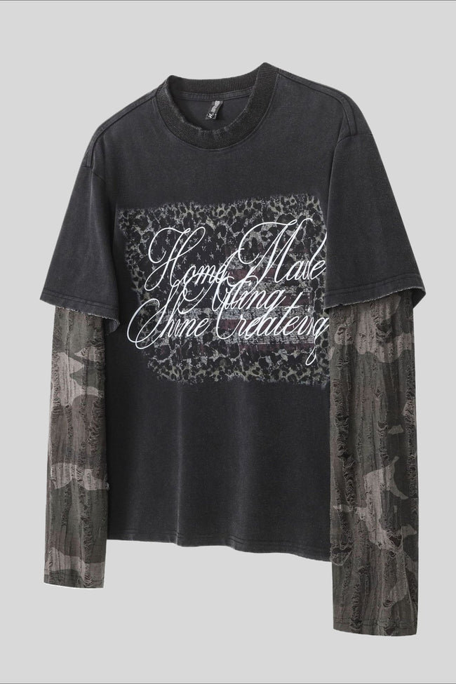 Script Graphic Camo Layered Long Sleeve T-Shirt Main image