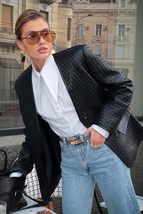 V-Neck Woven Leather Long Sleeve Jacket S / Black
