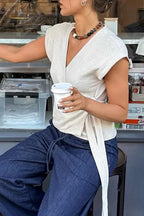 Asymmetrical Flutter Sleeve Side Tie Tee