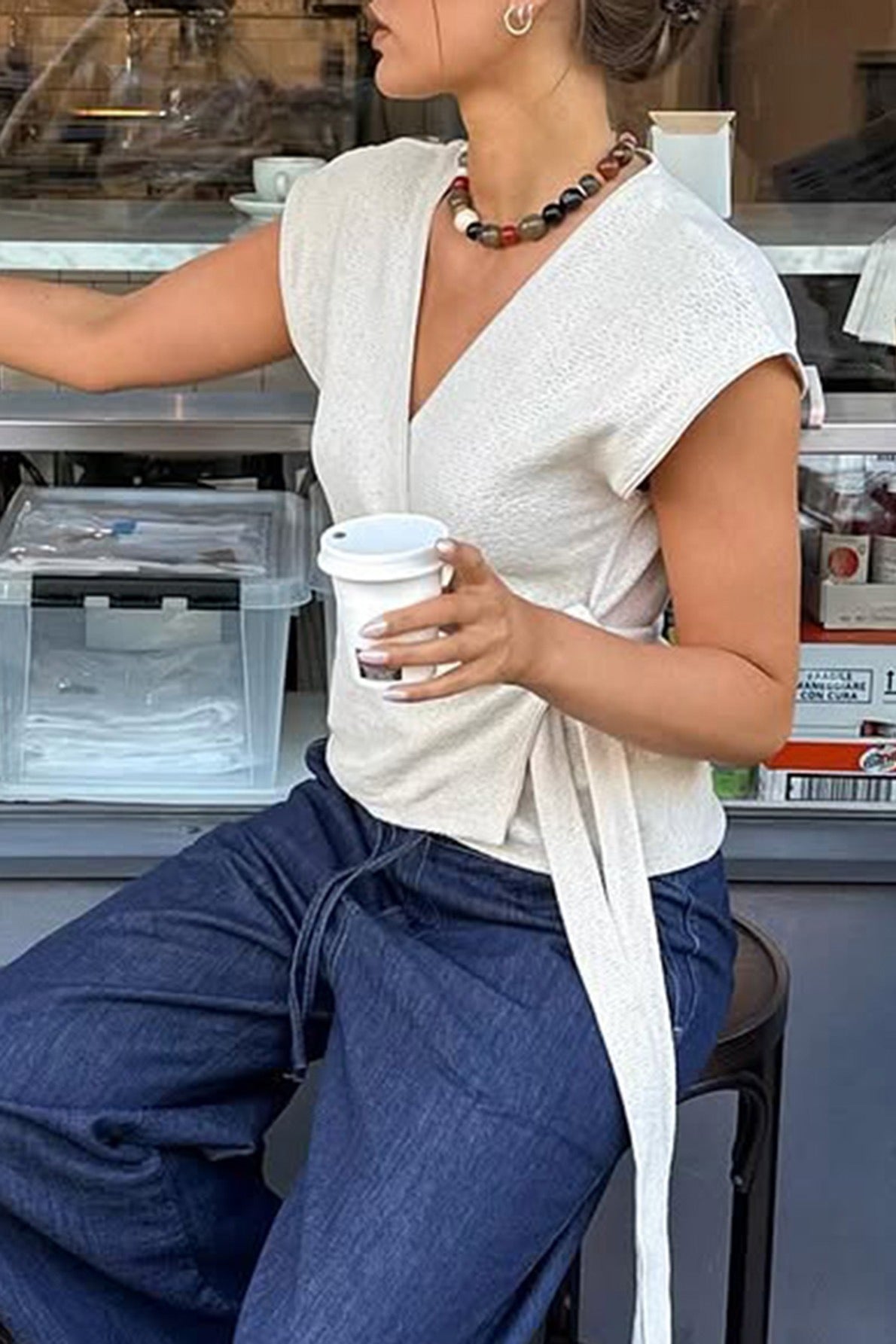 Asymmetrical Flutter Sleeve Side Tie Tee