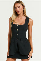 Square Neck Single Breasted Halter Sleeveless Fitted Skirt Set