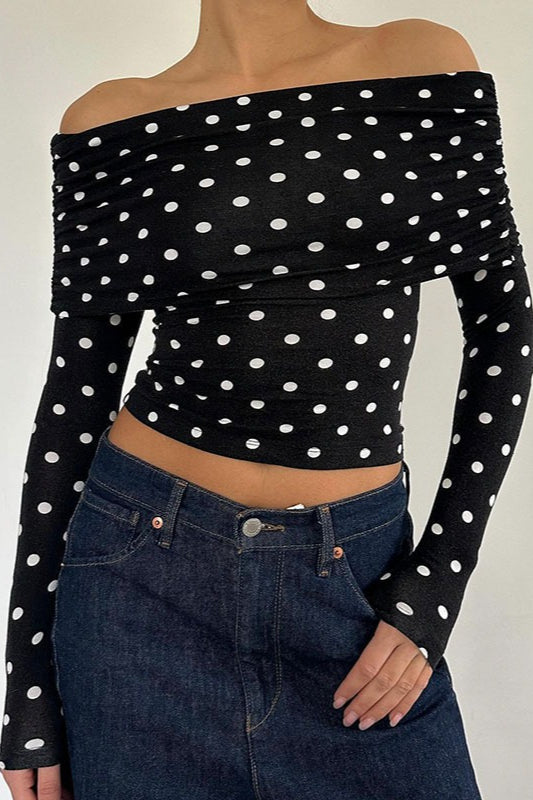 Polka Dot Color Block Off-Shoulder Crop Top Secondary image