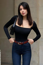 Solid Square Neck Bodycon Long Sleeve Tee